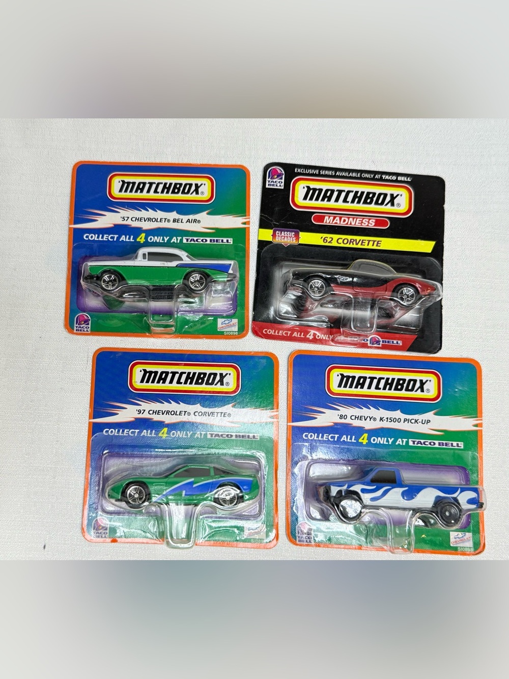 Vintage 98-99 Taco Bell Exclusive Matchbox Diecast Car Lot of 4 Sealed